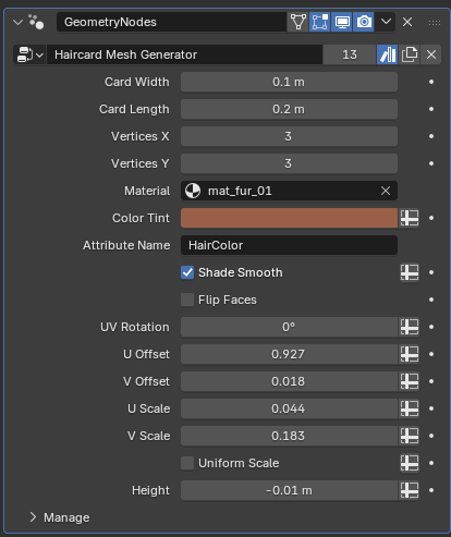 A screenshot of the created haircard mesh generator modifier in blender.
