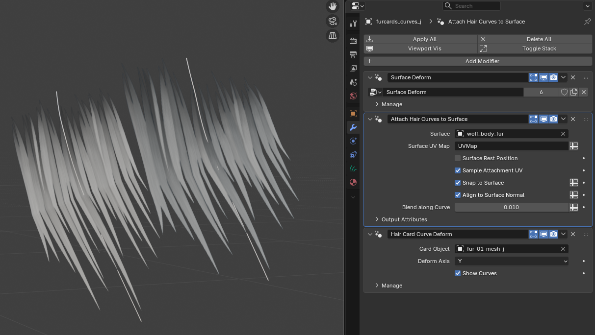 A picture of curves with hair cards instanced.