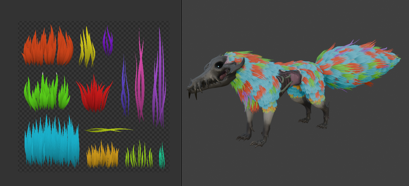 The wolf with complete fur cards. Hair clumps are colored with bright colours for clarity.