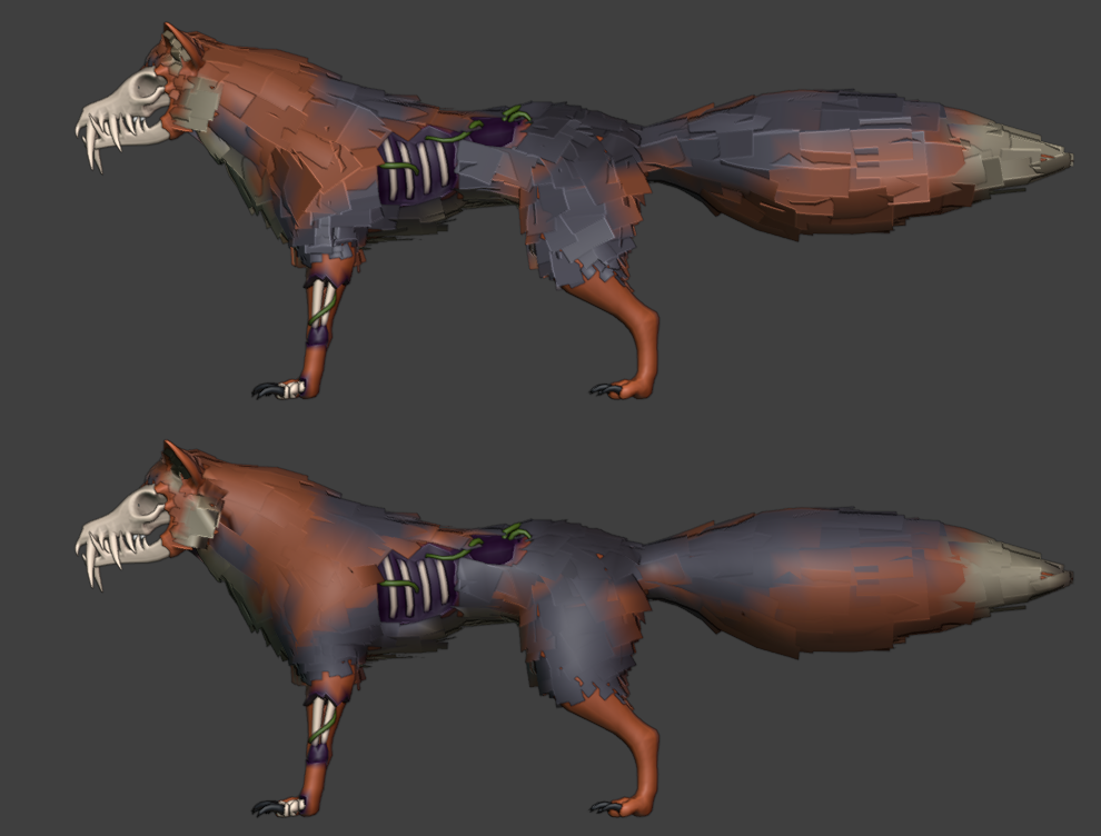 The Fox, with and without normal transfer. Vertex tint is already applied.
