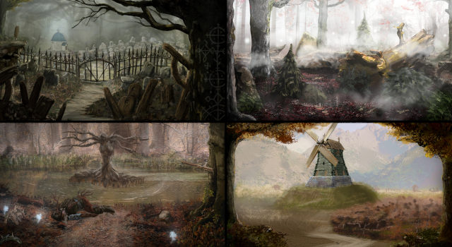 Concept art panels: a graveyard gate, a misty forest, a gnarled tree standing in a pond, and a hilltop windmill