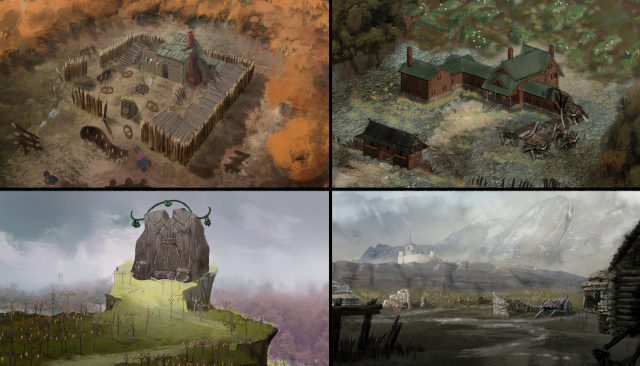 Concept art panels: a palisade camp, a manor house, a carved shrine on a hilltop, and a village below a castle