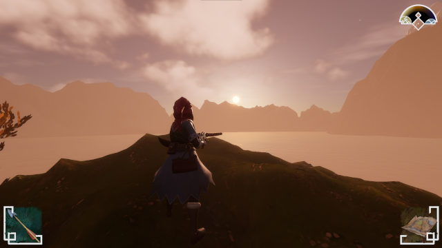 The hunter stands on a grassy ridge overlooking a fjord as the sun rises between distant mountains