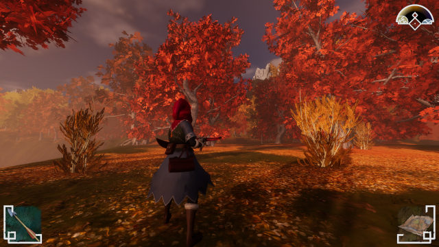 The hunter walks beneath vivid red autumn trees on an open hillside