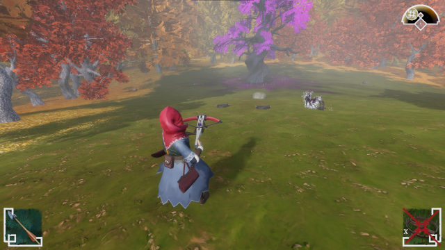 The hunter raises her crossbow at a corrupted wolf caught in a trap beneath a glowing purple tree