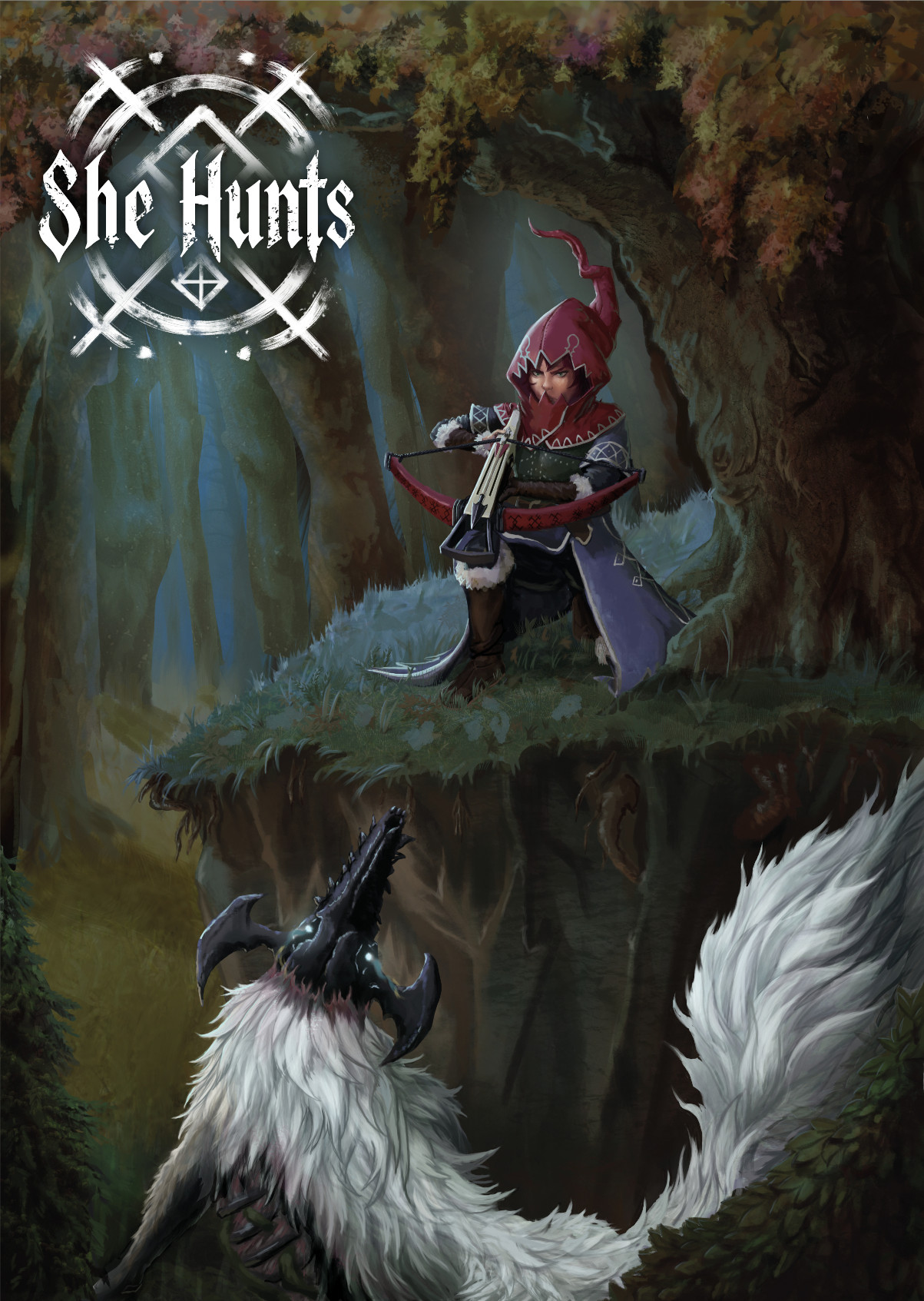 She Hunts key art: the hunter aims her crossbow from a cliff edge as the Beast rears up below
