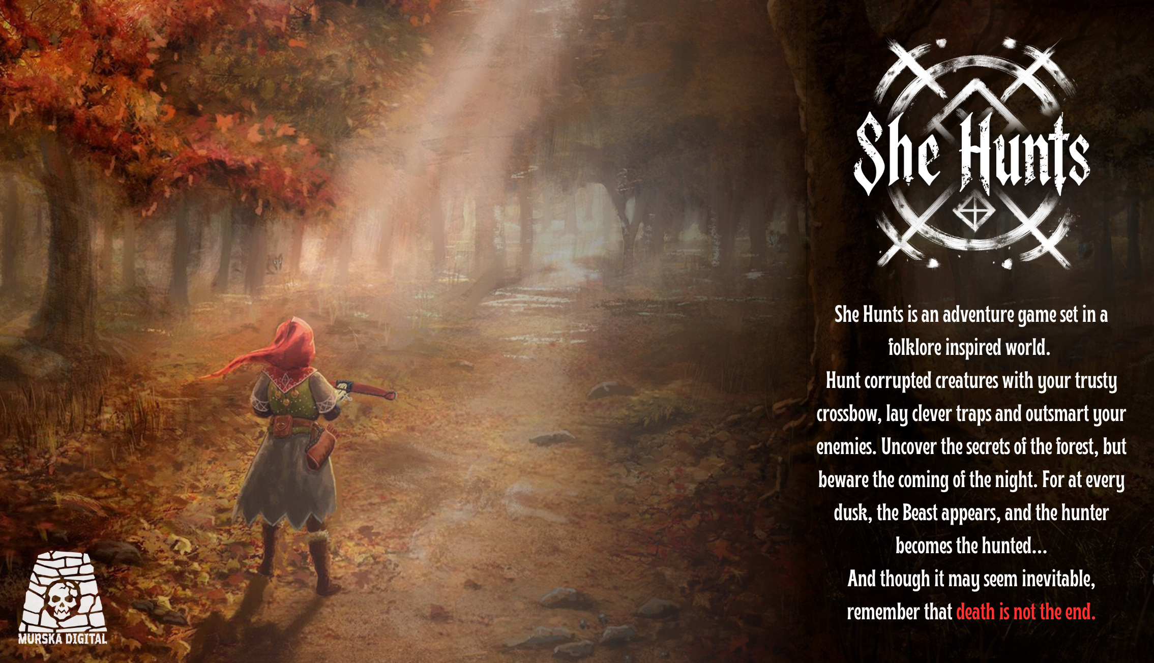 She Hunts key art: the hunter walks into a misty autumn forest beside the game's logo and a blurb introducing it as an adventure game set in a folklore-inspired world, where the Beast hunts you at night.