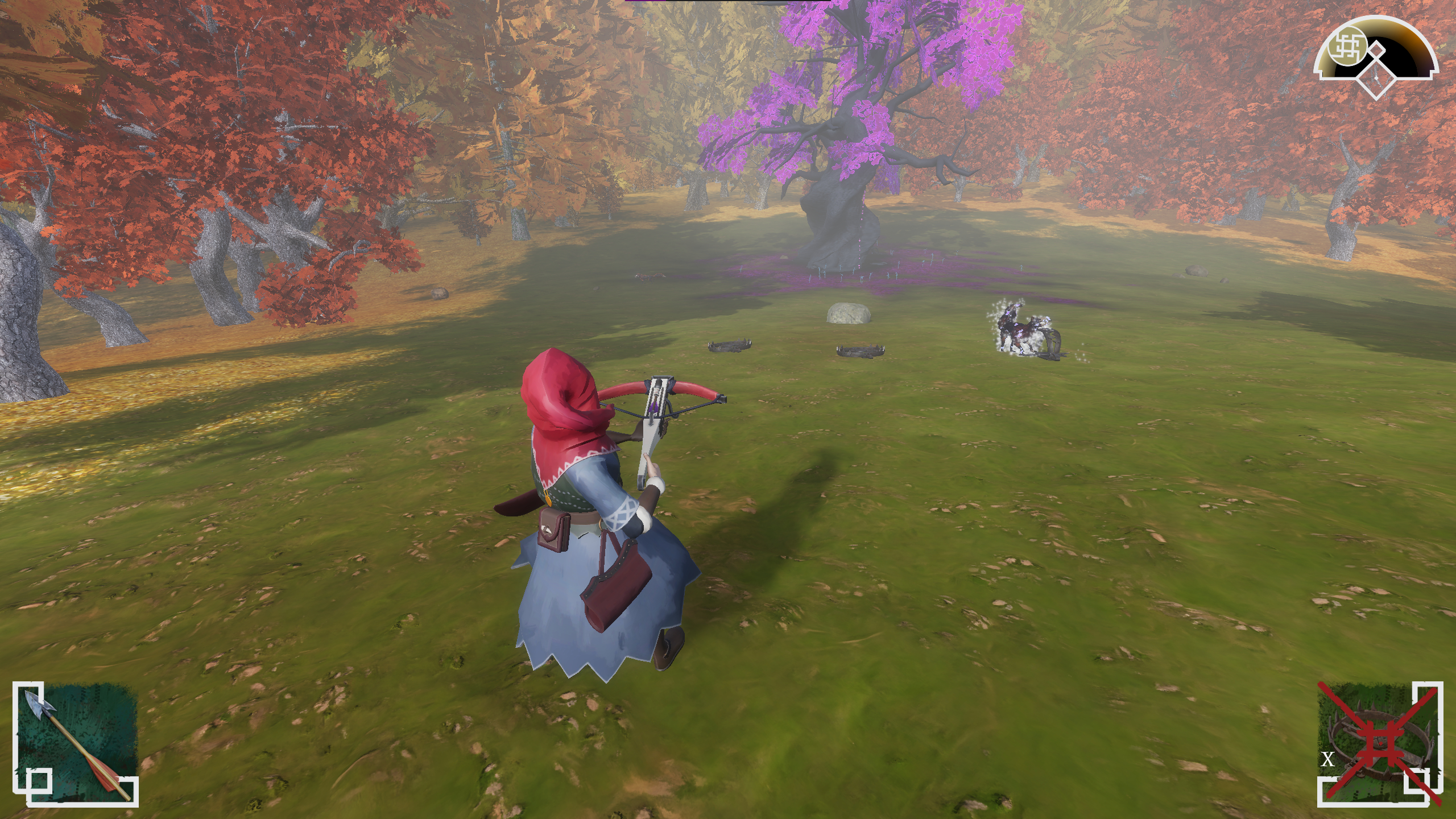The hunter successfully traps a fox in a clearing near a corrupted tree