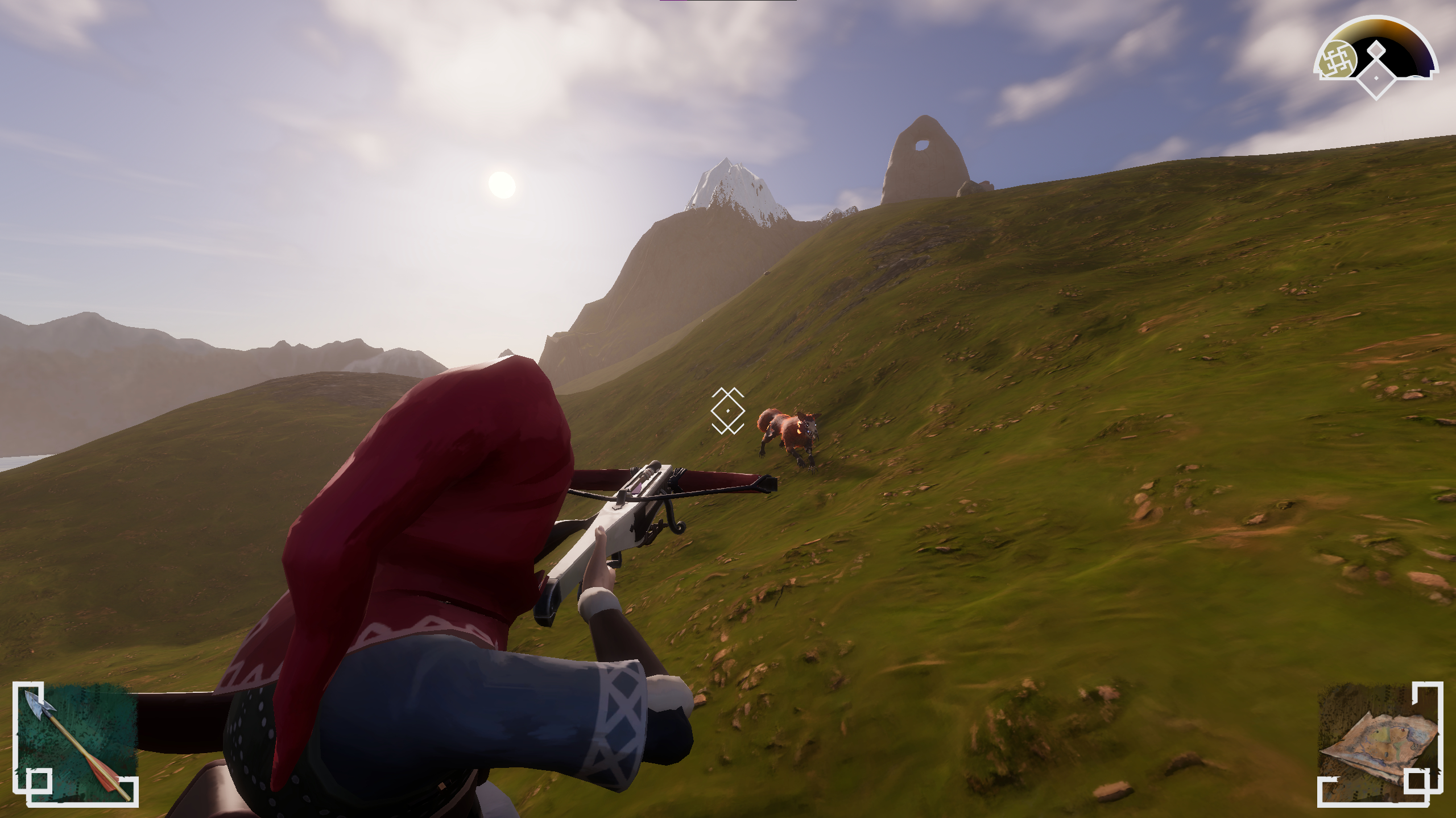 The hunter aims her crossbow at a corrupted fox across a sunlit hillside